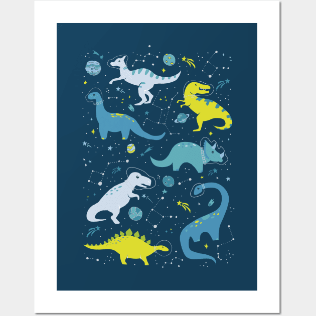 Space Dinosaurs in Bright Green and Blue Wall Art by latheandquill